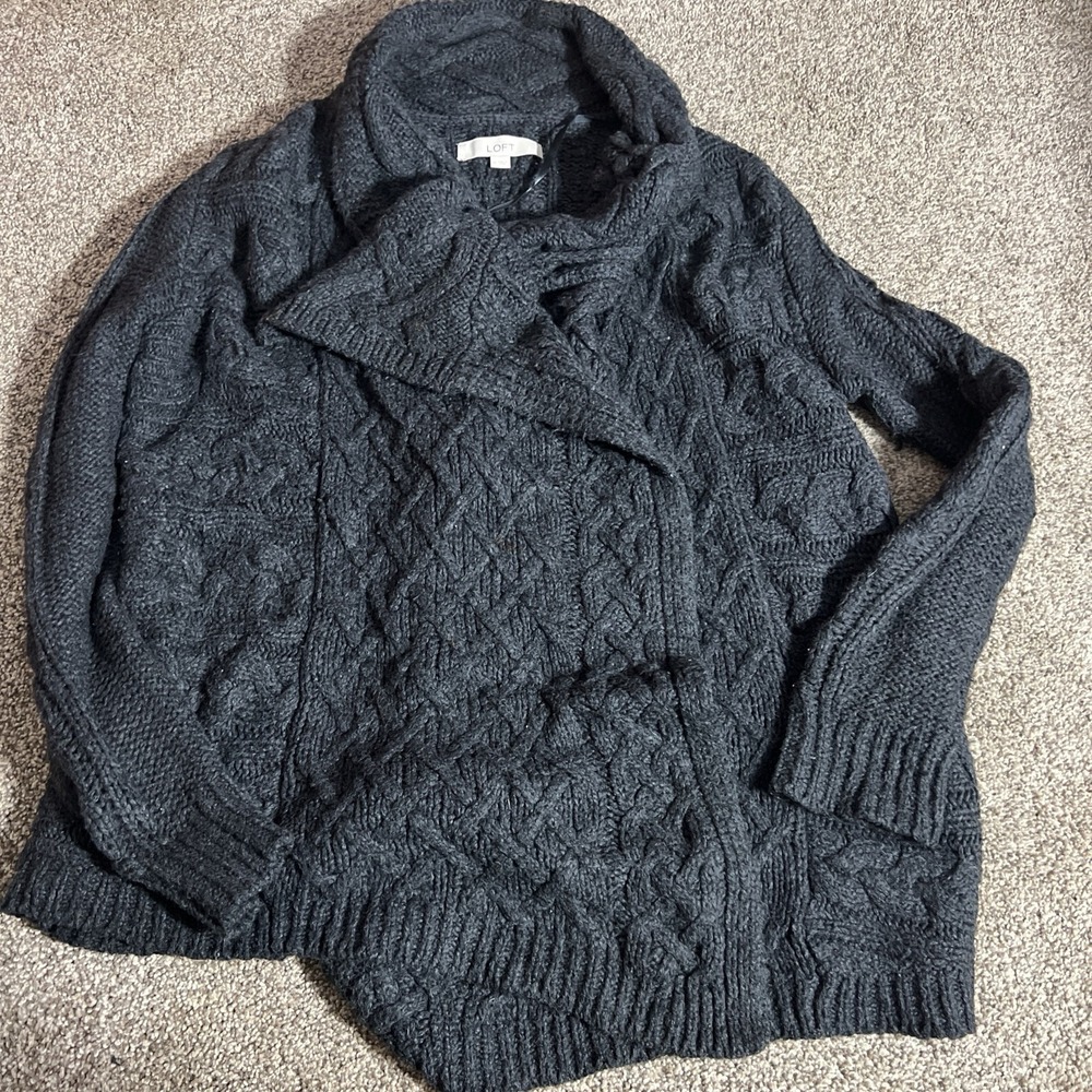 LOFT Womens Medium Gray Cable Knit Sweater Shawl Collar Cozy Chunky Knit